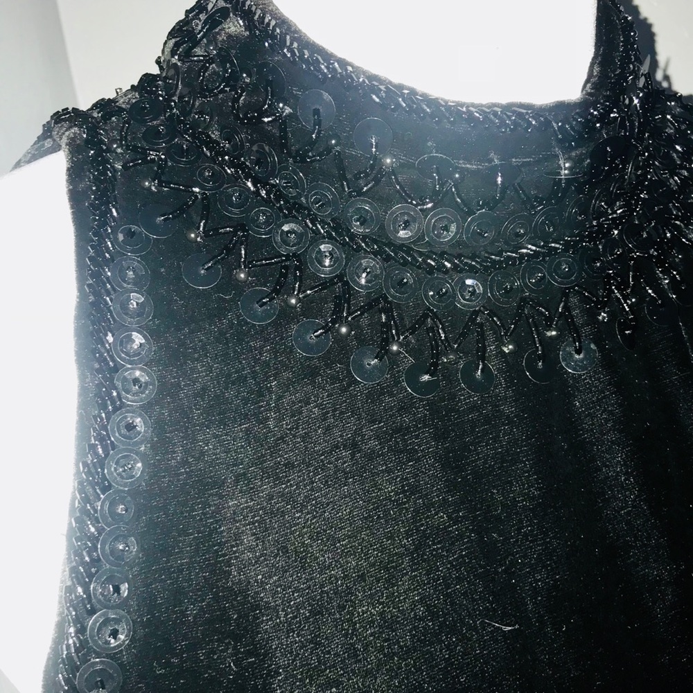 Badgley Mischka Black Velvet Beaded Sequin Mock Turtleneck Sleeveless Midi Dress
